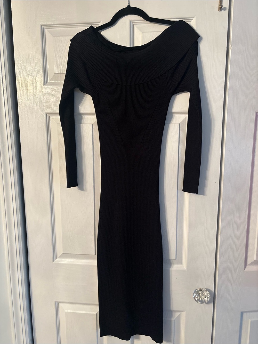 Michael Kors Black Off-The-Shoulder Long Sleeve Ribbed Knit Dress